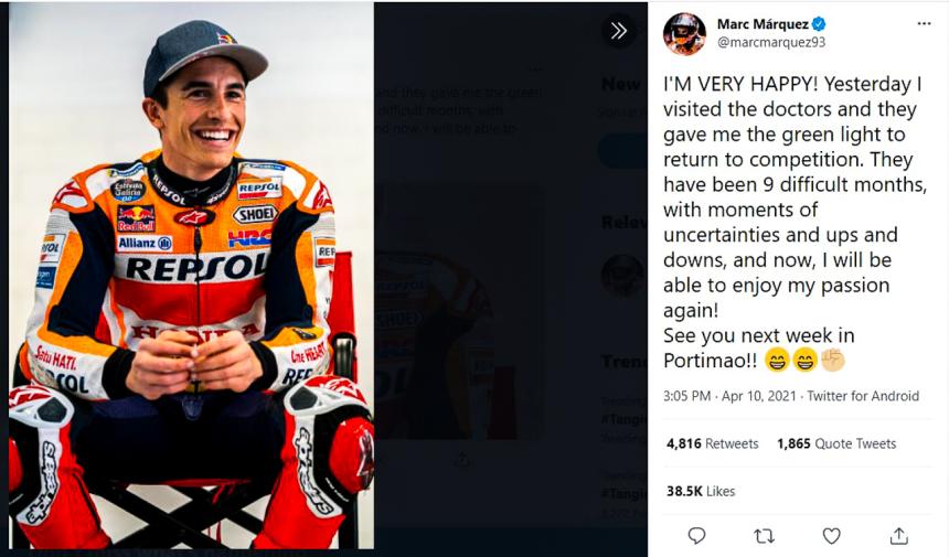 After 9 months, Marc Marquez will be racing again image