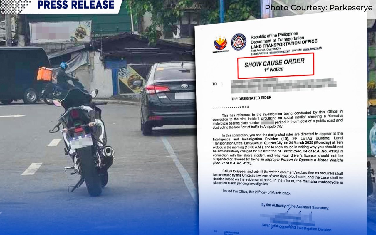 LTO summons rider who parked motorcycle in the middle of the road