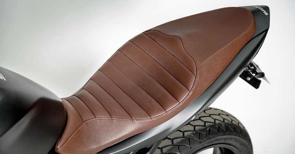 The leather-clad seat of the Suzuki SV650 Scrambler