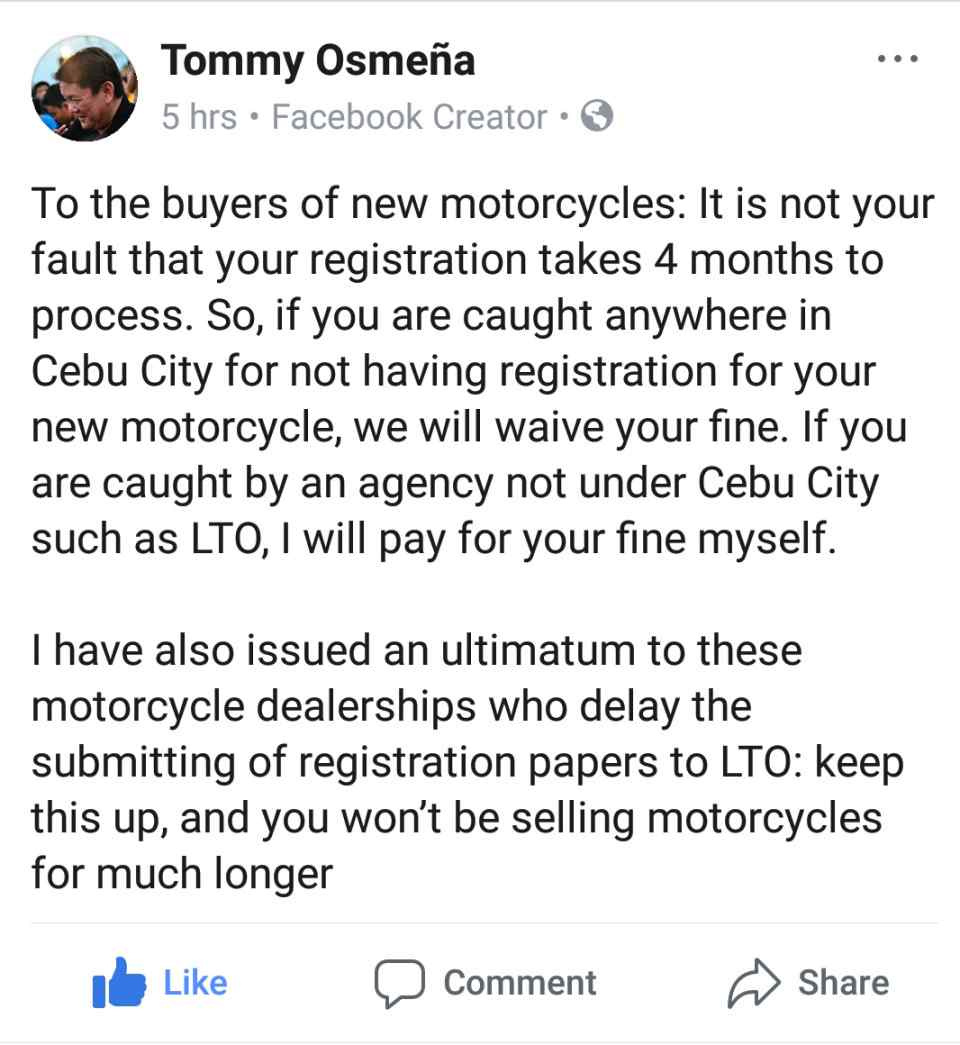 Cebu City Mayor will not penalize new motorcycles without registration