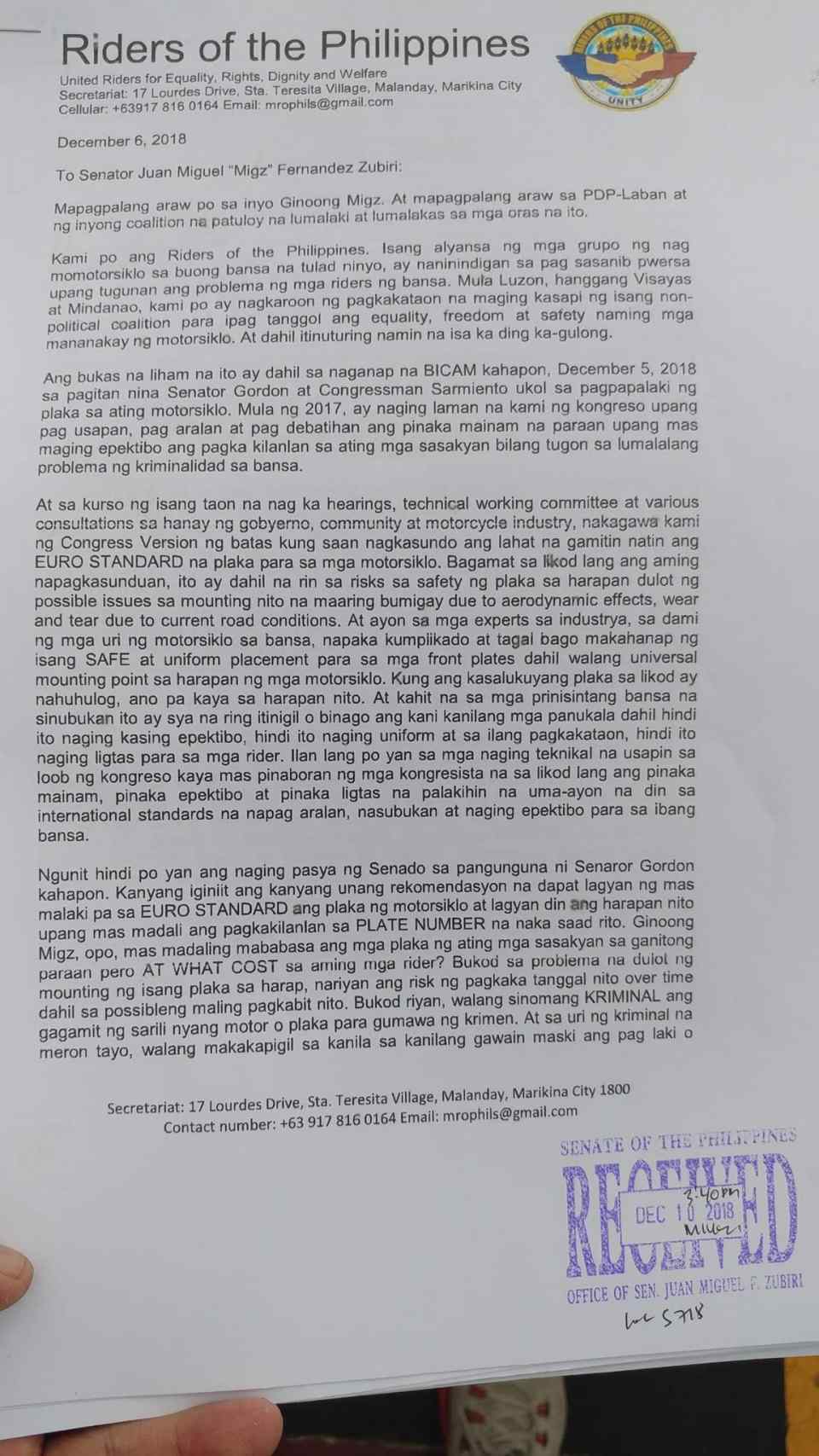 Rider group submits letter of opposition to the senate’s ‘doble plaka’ law Rider group submits letter of opposition to the senate’s ‘doble plaka’ law