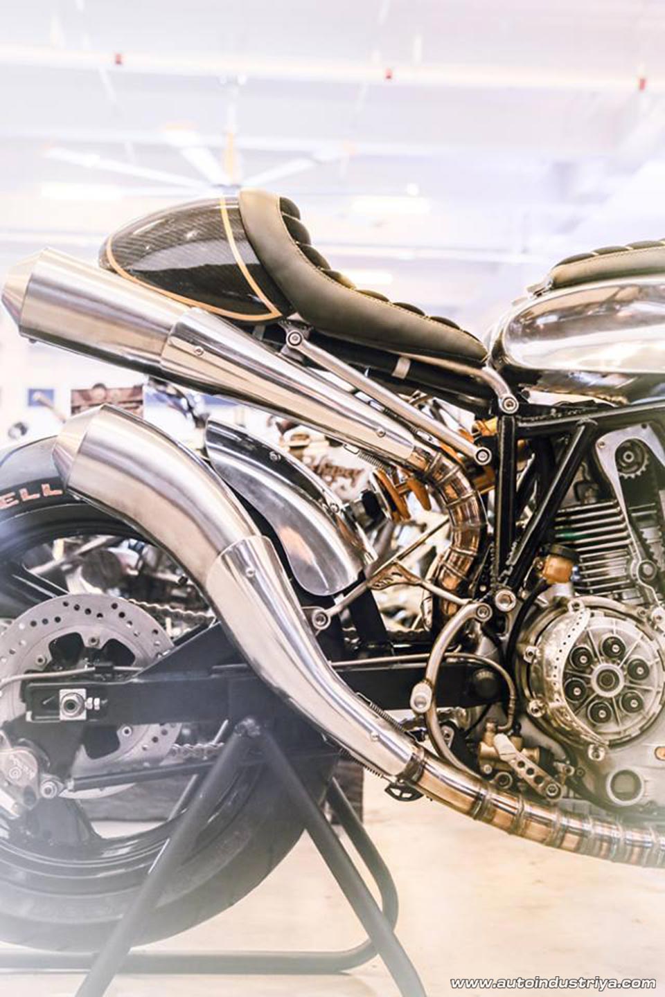 The calipers and exhaust pipes of the one-off Ducati