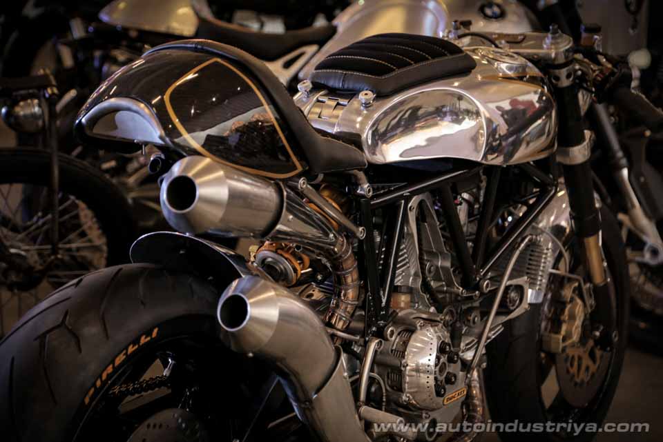Custom exhaust pipes on a Ducati