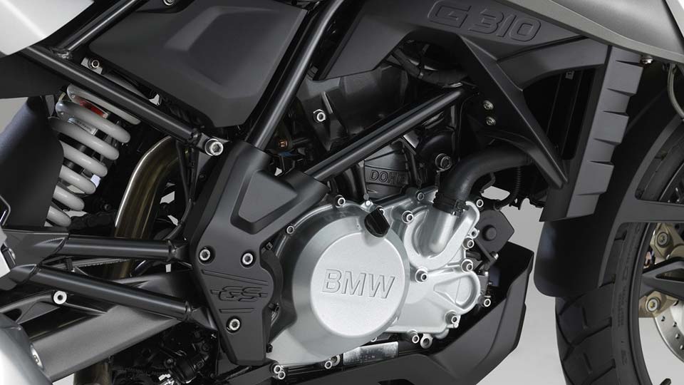 The 313cc engine and the monoshock rear damper on the BMW G 310 GS