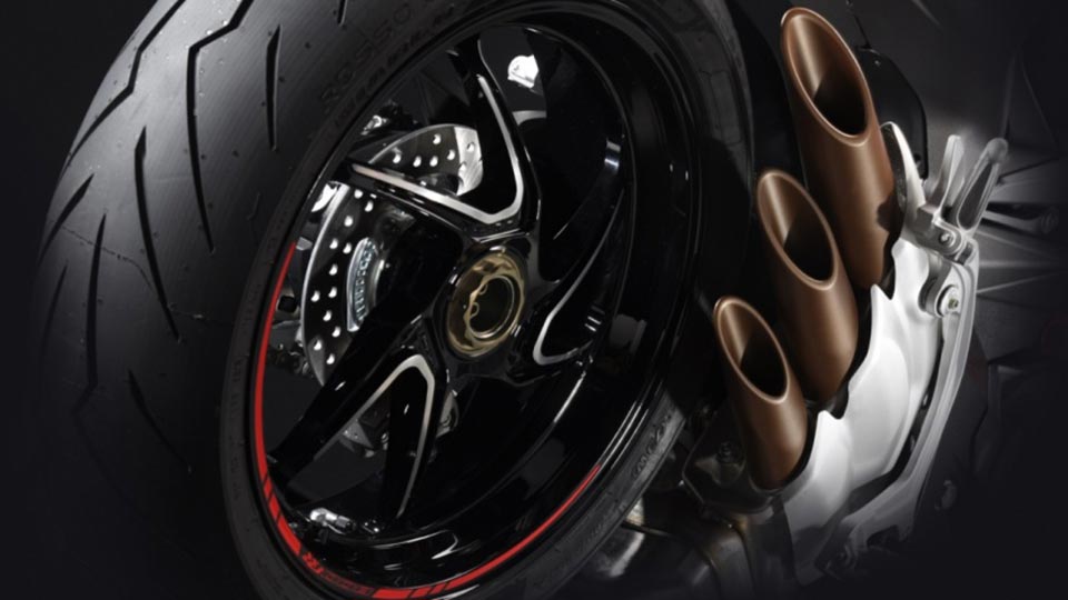 A closer look of MV Agusta's signature three-piece exhaust