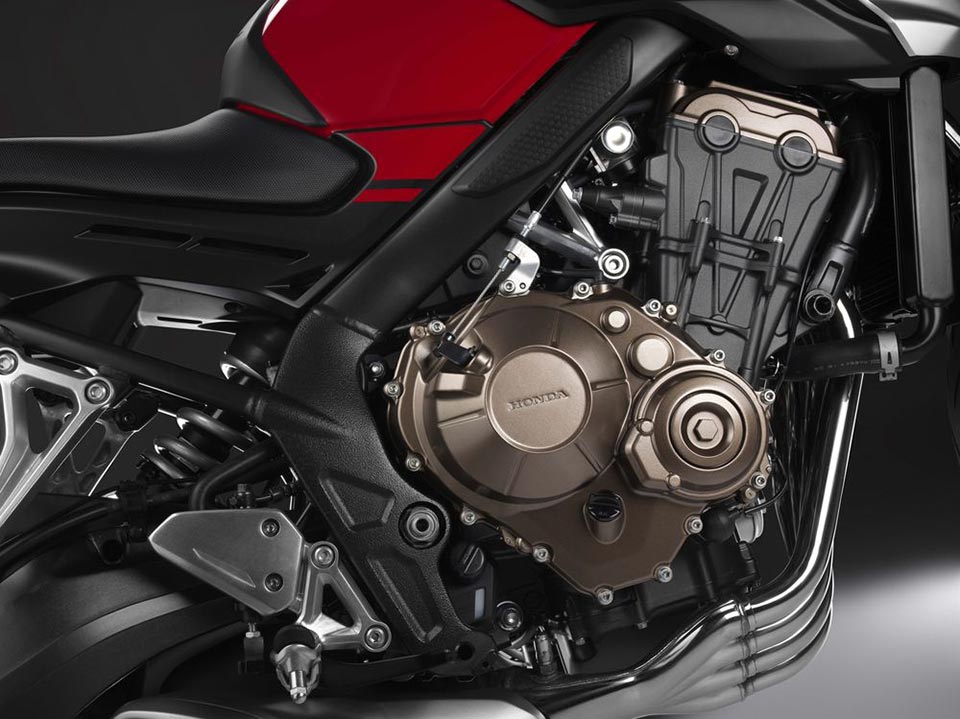 The 649cc motor of the 2017 Honda CB650F and CBR650F